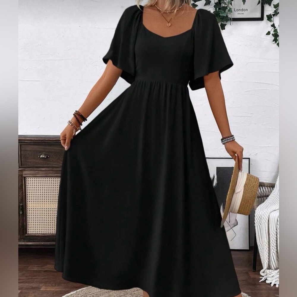 Women's Black Flutter Sleeve Maxi Dress